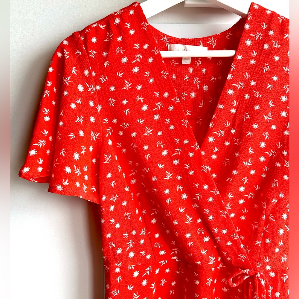 Red floral faux-wrap dress